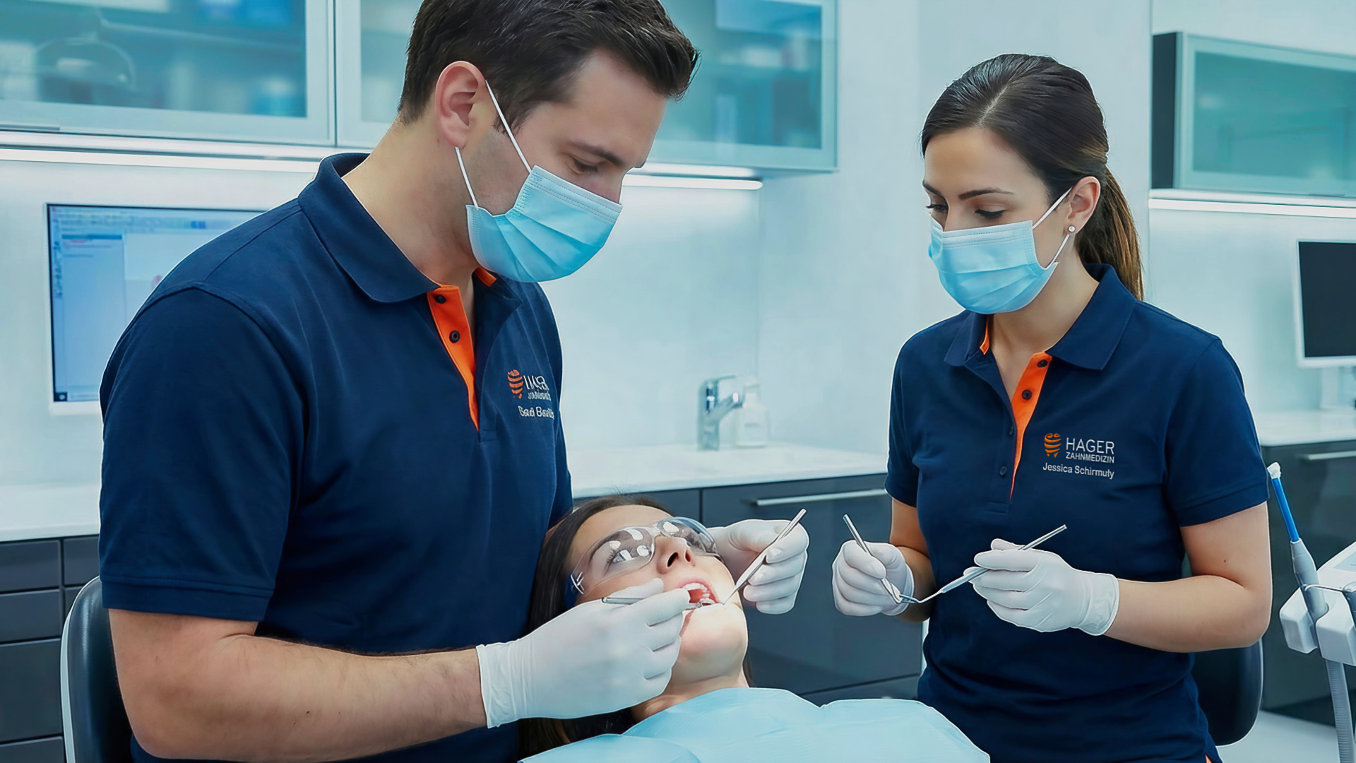 Bestickte Praxiskleidung mit Logo f&uuml;r Zahnarztpraxis