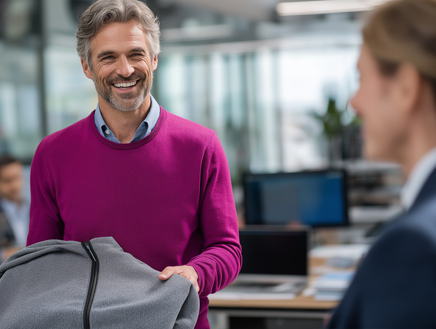Junger Mann probiert eine blaue Workwear-Jacke an während der Bemusterung
