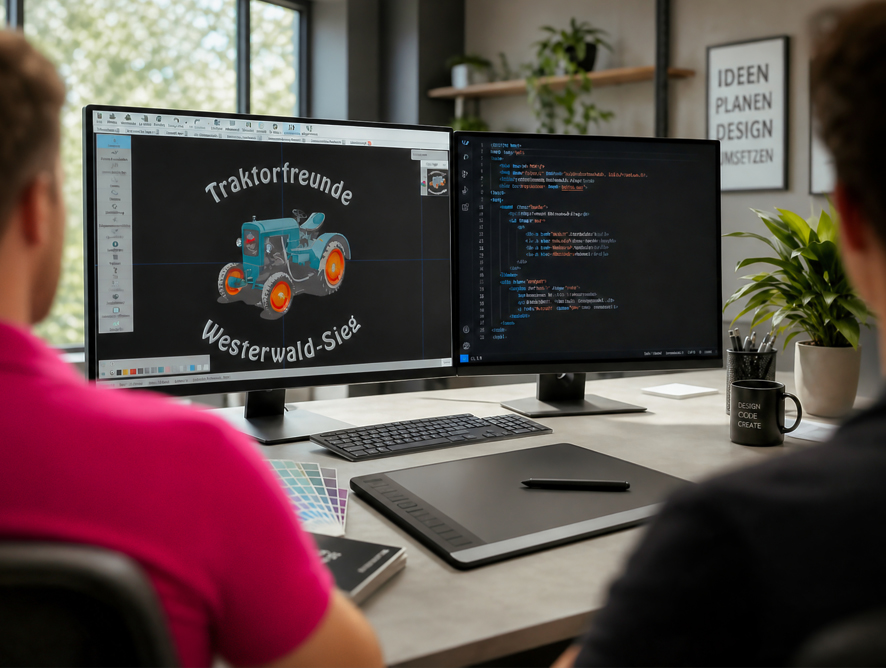 Designer digitalisiert ein Logo am Grafiktablett mit Farbpalette und Laptop