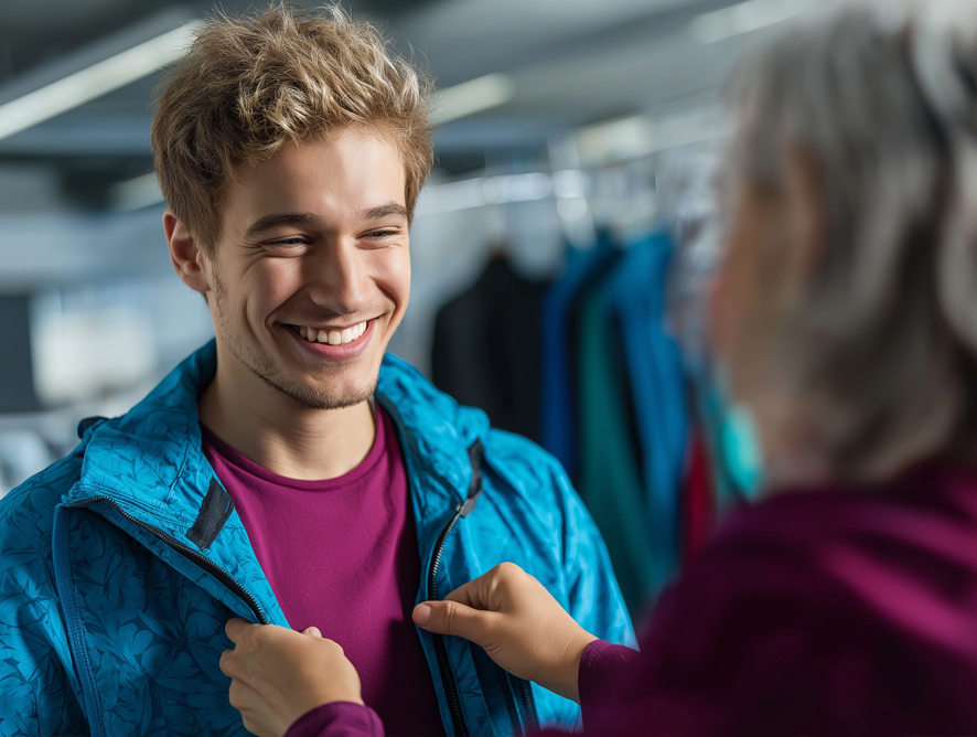 Beratungsgespräch im Textilhandel mit moderner Workwear