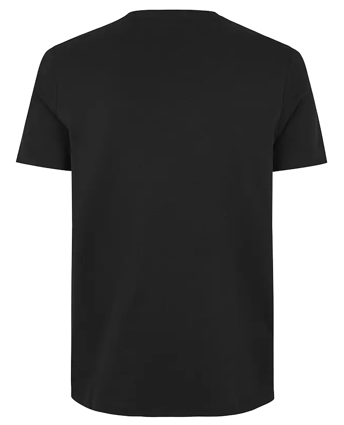 Schwarzes T-Shirt von hinten mit Markierung an der Stelle des R&uuml;ckendrucks